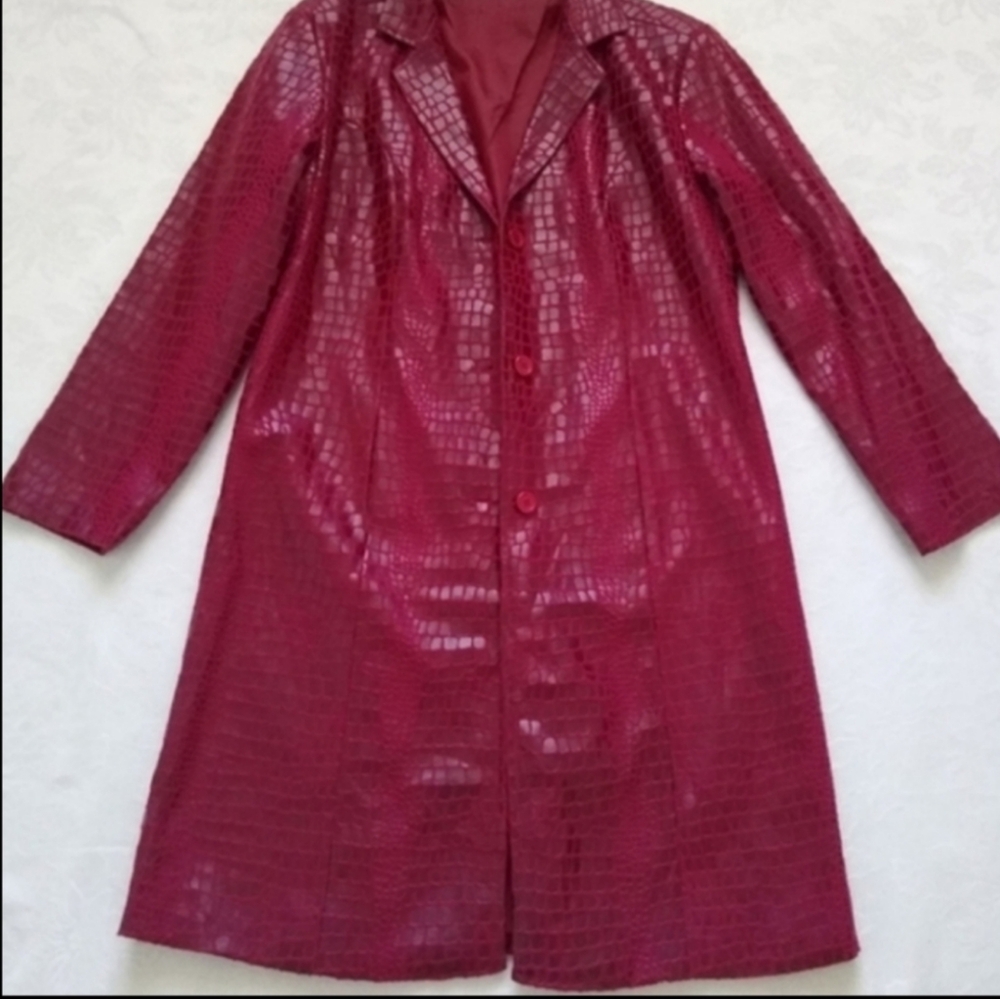 Vintage Faux leather croc effect embossed longline trench coat burgundy red